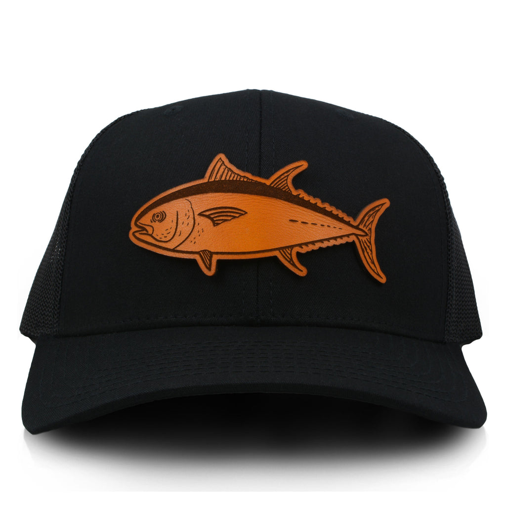 Mens gray with white mesh flex fit leather patch tuna hat or leather patch  tuna tail hat fishing hats or caps-made for fisherman